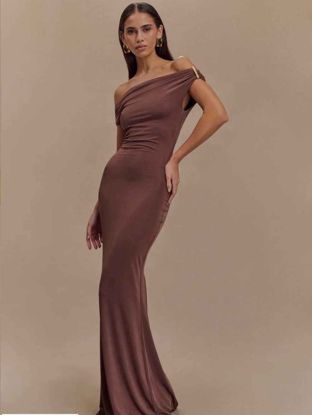 Meshki Brown One-Shoulder Slinky Maxi Dress